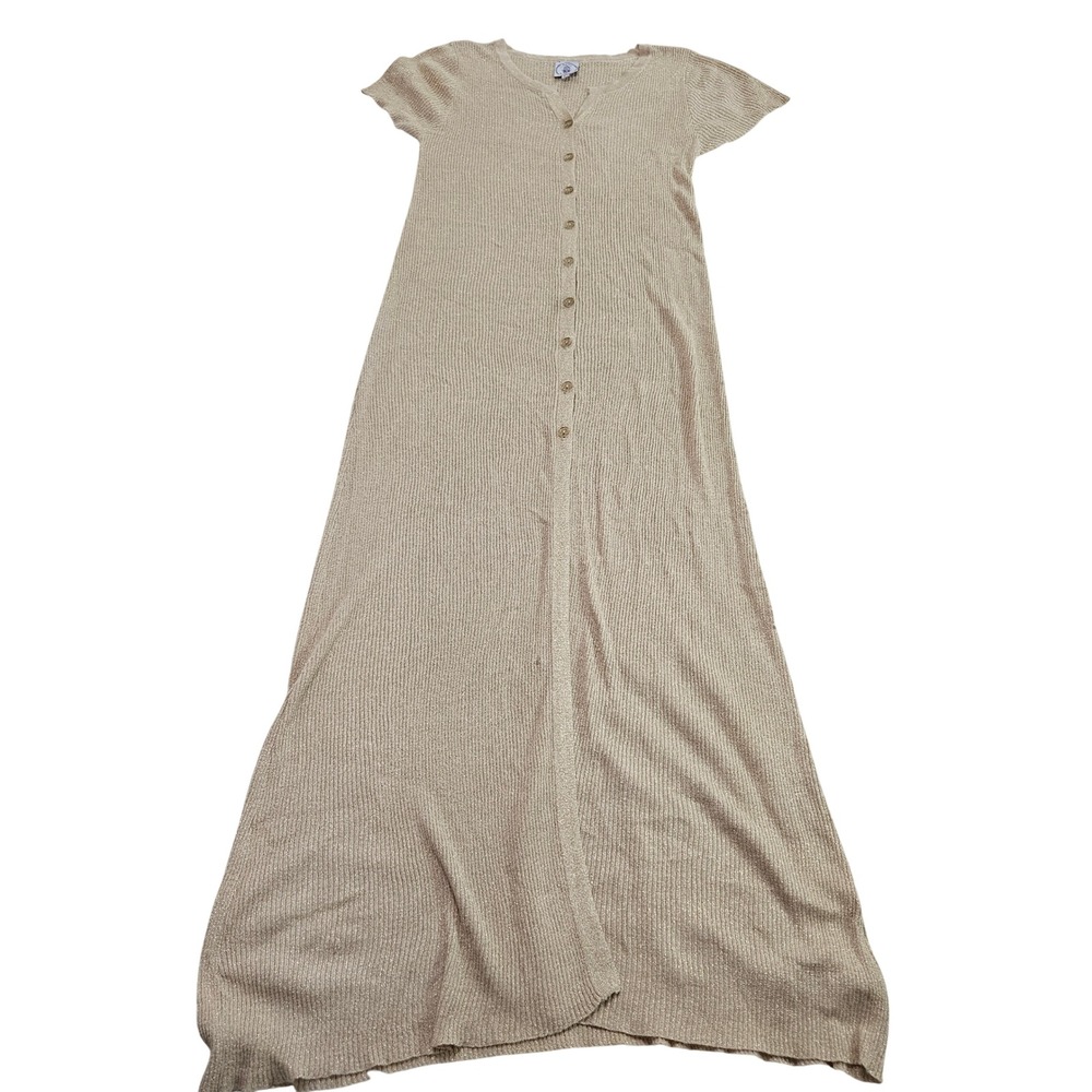 Muche Muchette Gold Metallic Rib Knit Button Front Maxi Duster Dress Sz OS